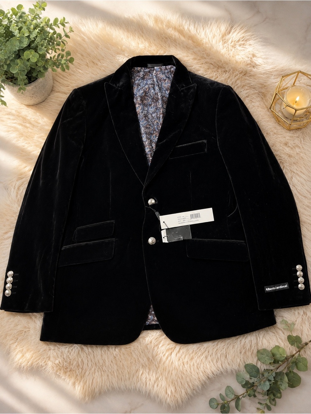 Black Velvet Men's Blazer with Decorative Buttons